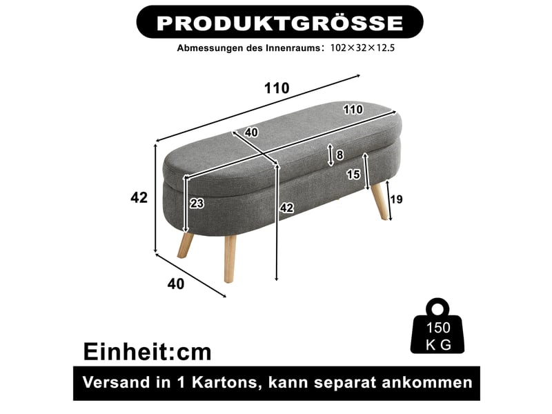  Banc de lit coffre 110x40x42 cm, rangement, banc d'entrée, bout de lit, pour chambre, salon ou couloir, chenille, gris  - Conforama C