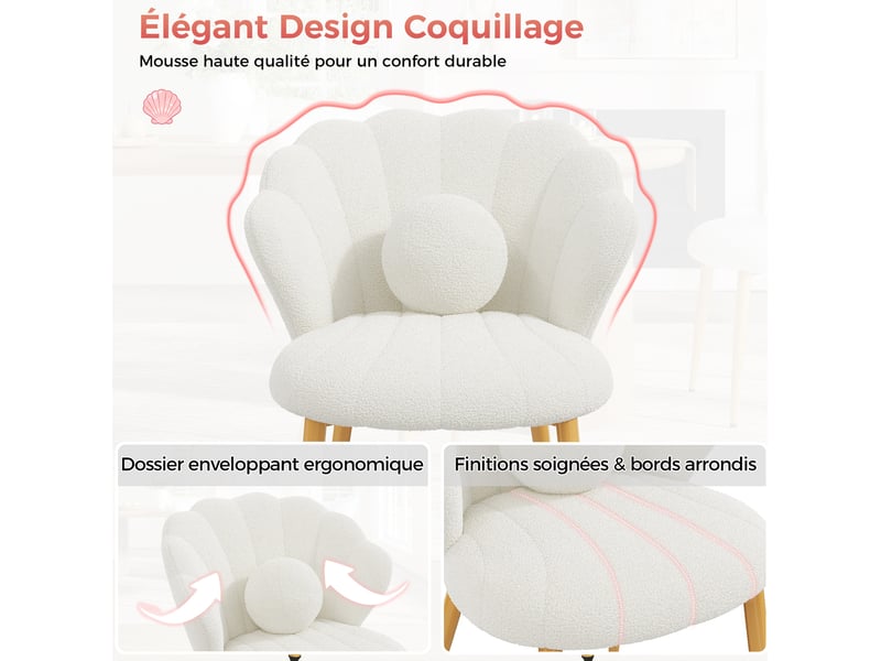  Lot de 6 chaises de salle à manger 60x62,5x83 cm, dossier coquillage, coussins, tissu bouclette, blanc  - Conforama E