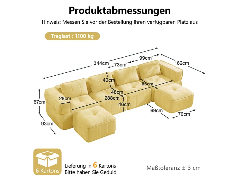 Canapé d'angle modulable 4 places en polyester, forme u avec 2 poufs, jaune - Conforama C