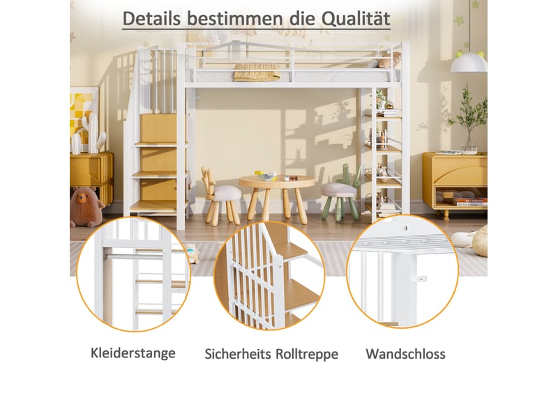  Lit mezzanine enfant 90x200 cm – blanc – escalier sécurisé, rangements et penderie intégrés – sans matelas  - Conforama E