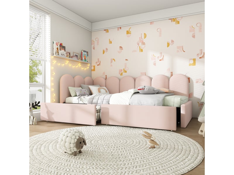 Lit banquette 200×90 cm avec 2 tiroirs et dossier rembourré, sans matelas, en velours rose - Conforama C
