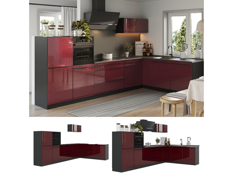  Vicco cuisine en angle, rouge brillantanthracite, 347 x cm plan de travail anthracite  - Conforama D