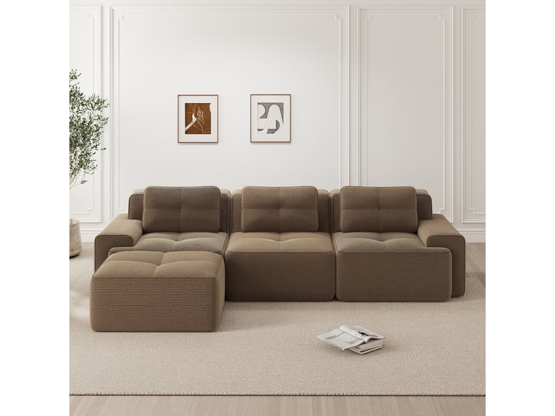  Canapé d'angle, canapé modulable : avec pouf, sans montage, sans cadre, style cloud, marron, en velours tricoté, 3 places  - Conforama R
