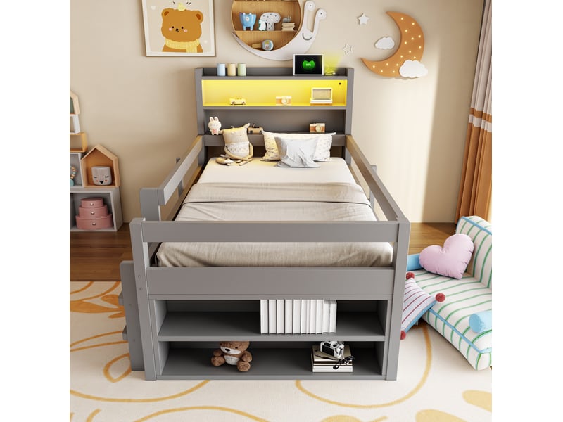  Lit enfant 90x200 cm avec rangements, led et ports usb, gris  - Conforama D