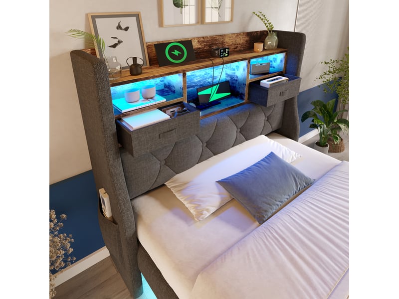 Lit enfant 90x200 cm – gris – led, tête de lit de rangement, chargeur usb-c et matelas 7 zones inclus - Conforama B