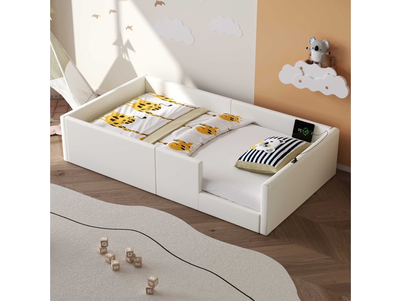  Lit rembourré 90x200 blanc avec barrière de protection et station de charge  - Conforama R