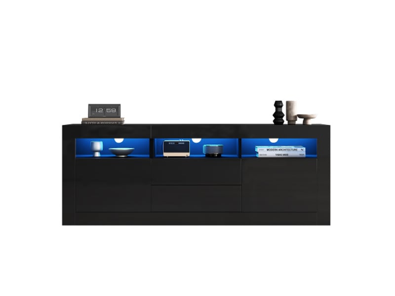 Meuble tv laqué brillant led - 3 niches ouvertes, 2 portes, 2 tiroirs, contrôle via app, pour téléviseur 70 pouces  - Conforama E