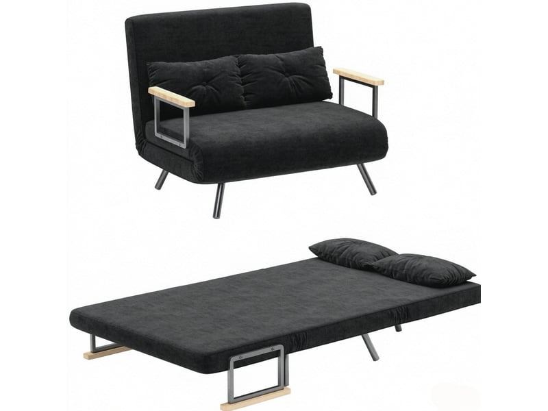 Canapé convertible 2 places 4 en 1 avec dossier réglable sur 5 positions, assise en velours noir et 2 coussins - Conforama A