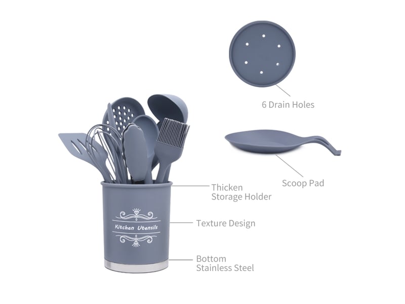  Ensemble de 13 ustensiles de cuisine en silicone rose avec seau de rangement et poêle antiadhésive  - Conforama C