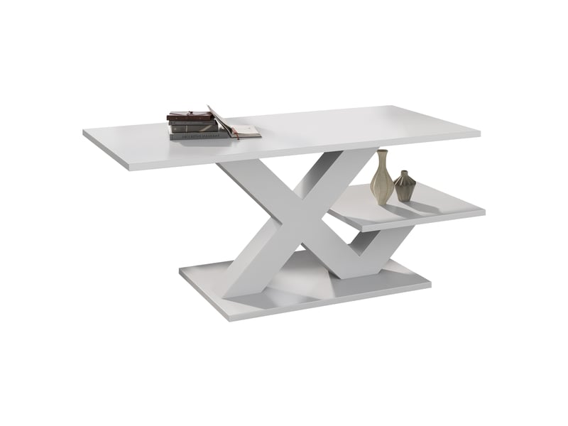 Table basse blanche brillante 100x48x45cm double plateau mdf pieds en x - Conforama W