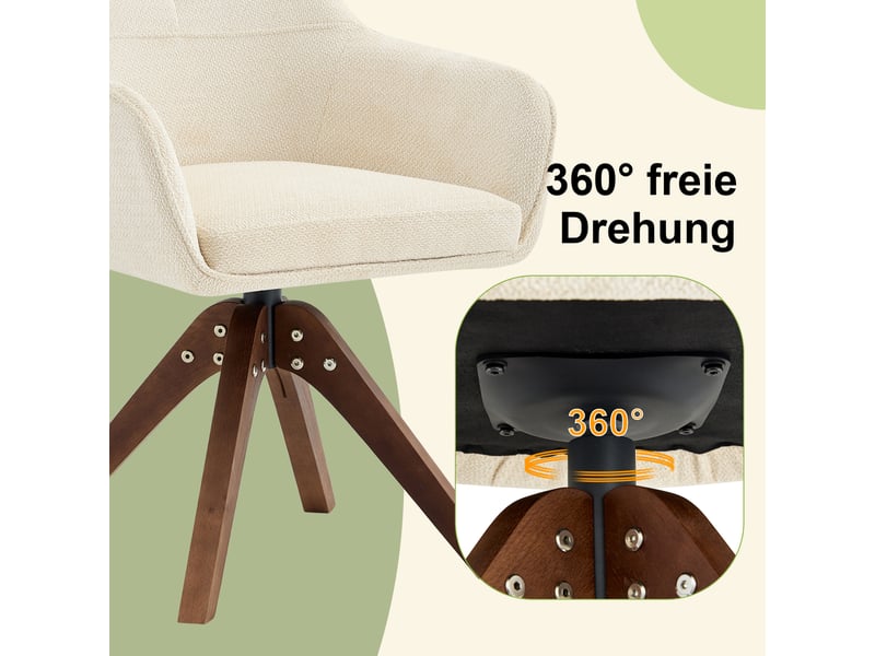  Lot de 2 chaises de salle à manger pivotantes 360°,avec pieds noyer,tissu,crème  - Conforama E