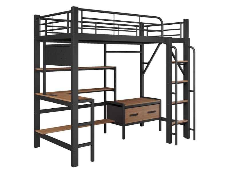  Lit mezzanine, 140 x 200 cm, structure en fer, panneau perforé, plusieurs étagères, tiroirs en tissu, bureau, avec port usb, barrière de sécurité, tringle à vêtements, avec éclairage led, sans matelas, noir  - Conforama D