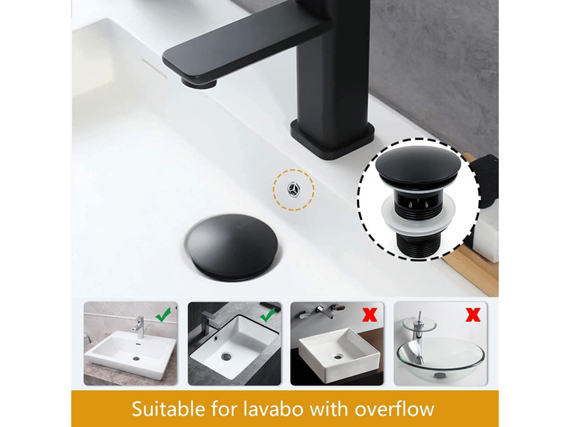  Tige de vidage pour bonde de lavabo à trop-plein – pop-up universelle, laiton massif fini chromé noir  - Conforama E