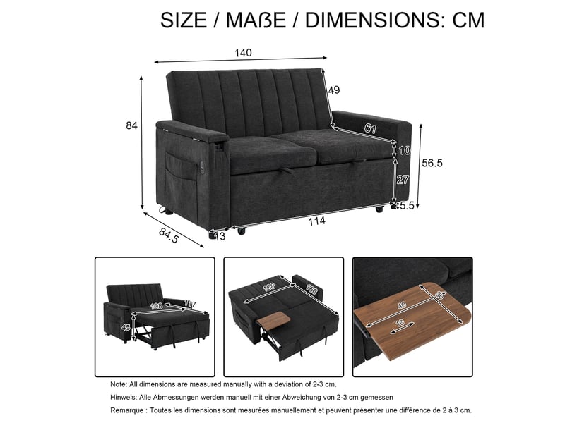  Canapé convertible 2 places 3-en-1 en chenille gris foncé, 140x84,5x84 cm  - Conforama C