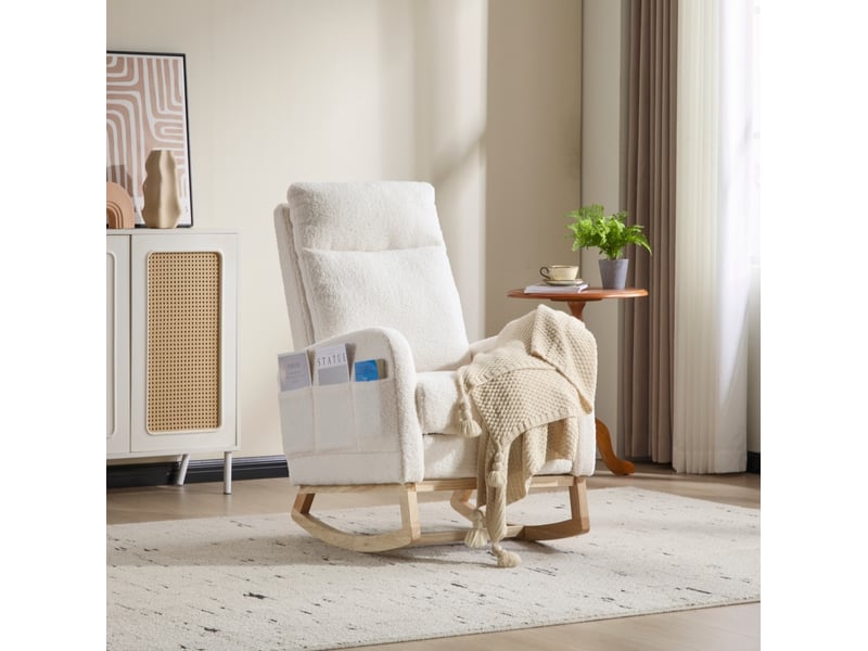  Rocking-chair à dossier haut avec bascule douce, poche latérale et base incurvée en bois, en tissu bouclette blanc  - Conforama B