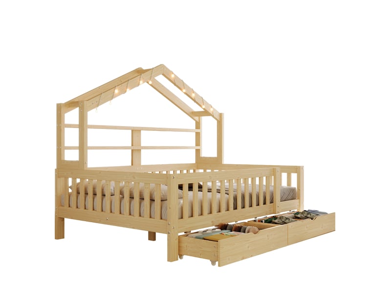 Lit cabane enfant 140x200 cm, lit au sol, tiroirs de rangement, barrière de sécurité, éclairage led, support à lattes stable, pin naturel OPULERANE TRADING LTD - Conforama A