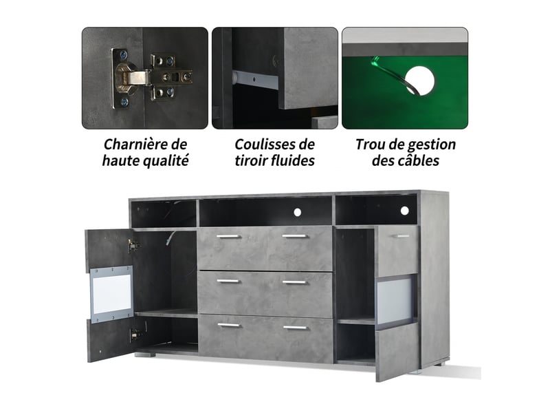 Buffet moderne gris 140 cm avec éclairage led et portes en acrylique transparent - 3 tiroirs 2 portes - Conforama E