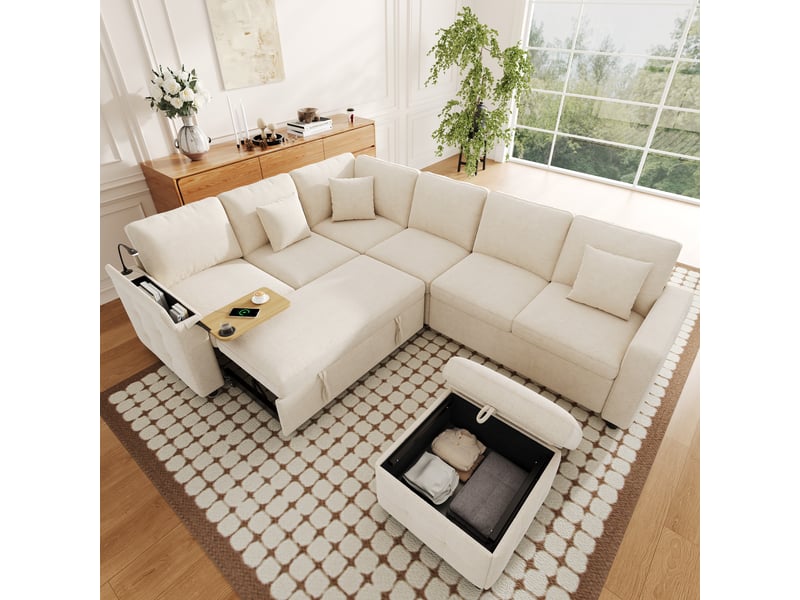 Canapé d angle convertible 7 places 261 x 203 x 88 cm avec couchage lampe led usb type c rangement accoudoir table pliante chenille beige BUYDEEMEUS - Conforama C