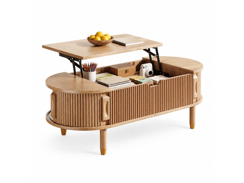  Table basse ovale à plateau relevable avec rangement - lpospi - portes coulissantes rainurées mdf naturel  - Conforama A