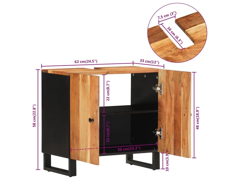 Meuble sous évier, armoire salle de bain 62x33x58 cm bois d'acacia et d'ingénierie cf65487  - Conforama E