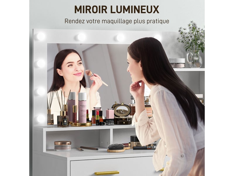  Coiffeuse avec miroir et 9 led 4 tiroirs et 6 niches blanc 100 x 40 x 138 cm  - Conforama E