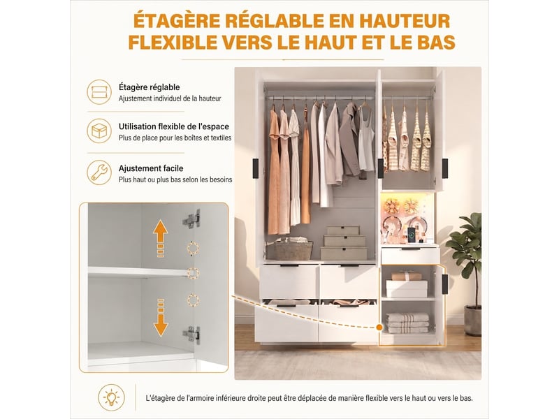  Armoire penderie avec éclairage led et tiroir à bijoux, 90x49x200 cm, blanc et chêne  - Conforama R
