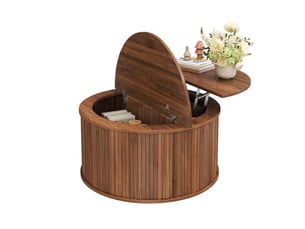 Table basse relevable ronde 88 cm – noyer – plateau réglable avec rangement intégré en mdf pour salon