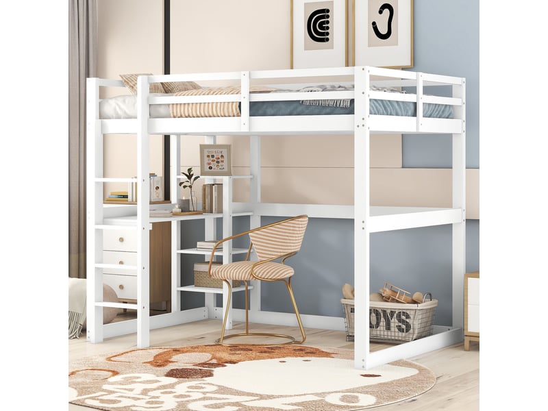 Lit mezzanine 140x200 cm avec doté de 4 casiers et d'un plateau de bureau, lit enfant avec espace de rangement, en pin, blanc  - Conforama C