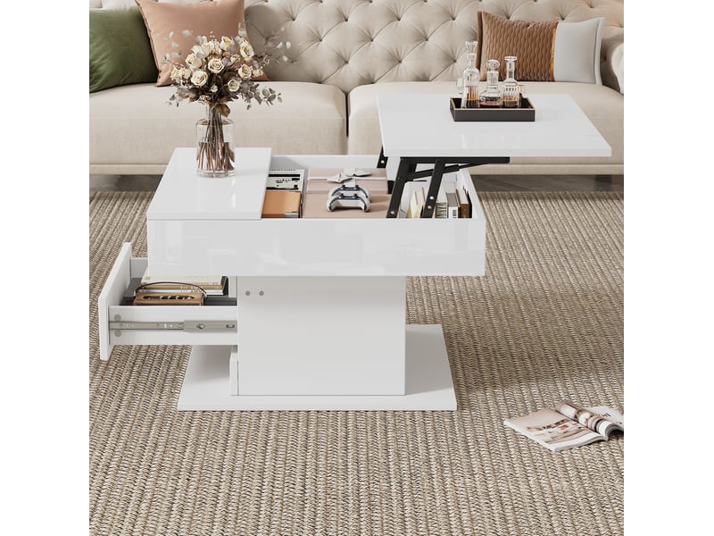  Table basse relevable 70 x 70 x 45-59 cm 360° tiroir rangement caché laqué brillant panneau de particules blanc  - Conforama E