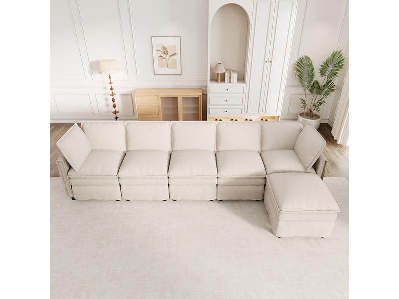  Canapé modulable xxl, tissu chenille beige avec fonction couchage, canapé d'angle 6 places modulable en u ou l pour grand salon.  - Conforama D
