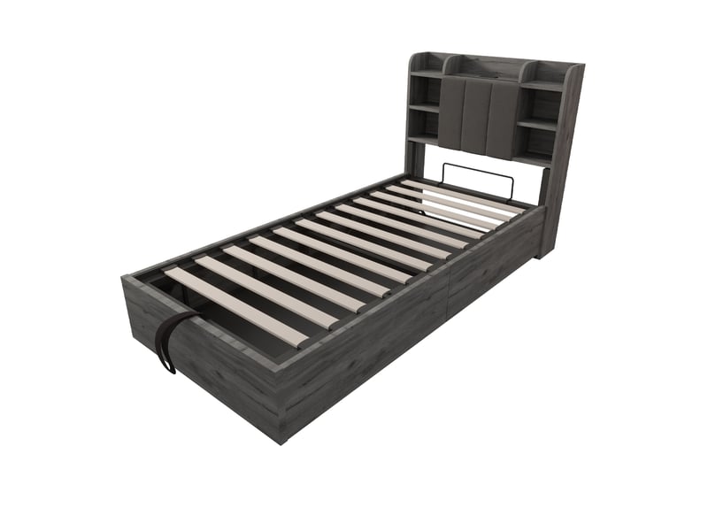 Lit coffre 90 x 200 cm, coffre à relevage hydraulique, ports usb, étagères de rangement, sommier à lattes, pour la chambre, mdf, gris ABC - Conforama A
