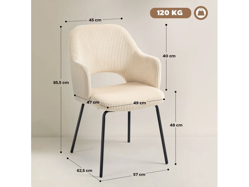  Chaise de salle à manger 62,5x57x85,5 cm, assise coque rembourrée, velours côtelé beige, pieds métalliques  - Conforama C