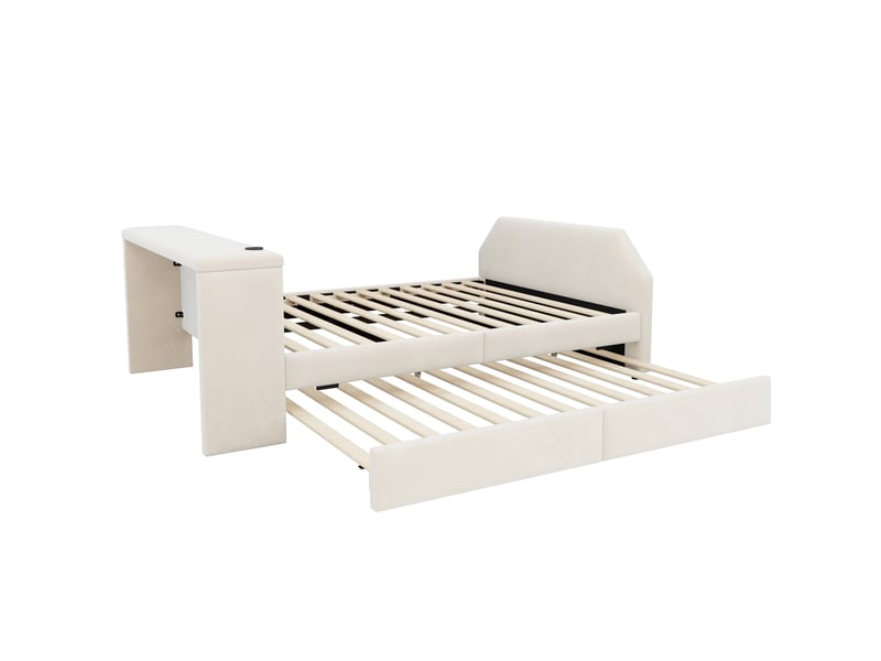 Lit enfant capitonné 140 x 200 cm avec bureau intégré, port de chargement usb et lit d'appoint gigogne ; cadre de lit en velours beige pour chambre d'enfant ou chambre d'amis - Conforama E
