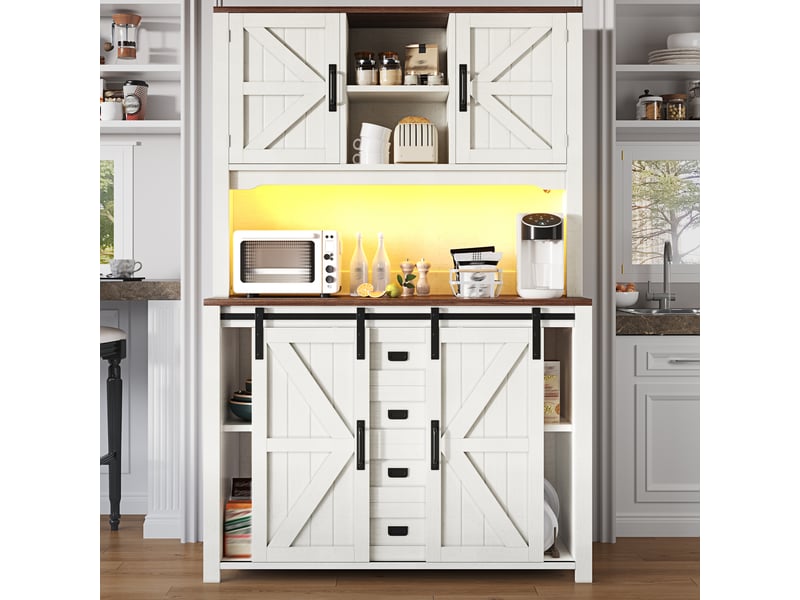 Buffet haut de cuisine 115x40x174,7cm avec éclairage led, rangement, meubles de cuisine avec portes coulissantes, mdf+structure en métal, coloris blanc  - Conforama D