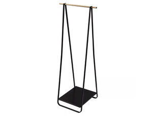Porte-manteau sur pied noir en métal et bois avec étagère, 141 cm