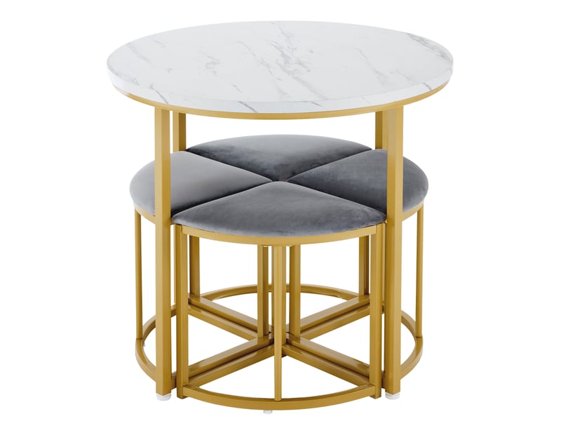  Ensemble table à manger et 4 chaises – blanc, or et gris – table ronde ø80 cm – plateau mdf blanc, piètement métal doré, assises velours gris  - Conforama W