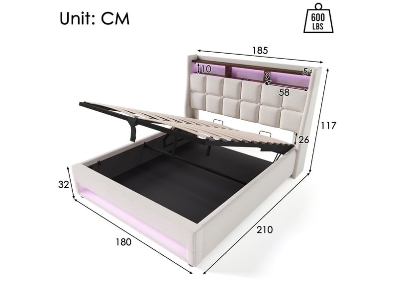  Modenvie lit coffre 180x200 cm - avec led, ports usb et rangement, sans matelas - beige  - Conforama C