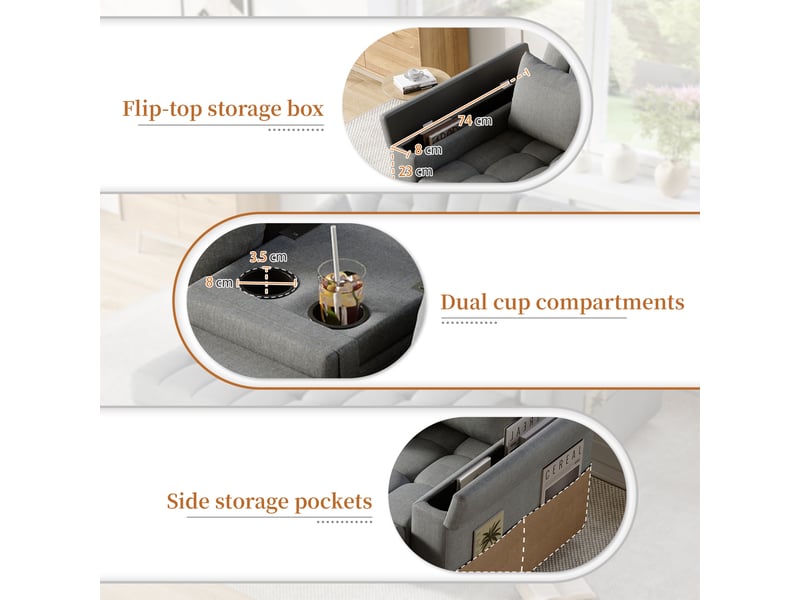  Canapé convertible 2 places gris, sofa lit multifonction avec rangement intégré et dossier réglable, tissu lin polyester pour salon  - Conforama E
