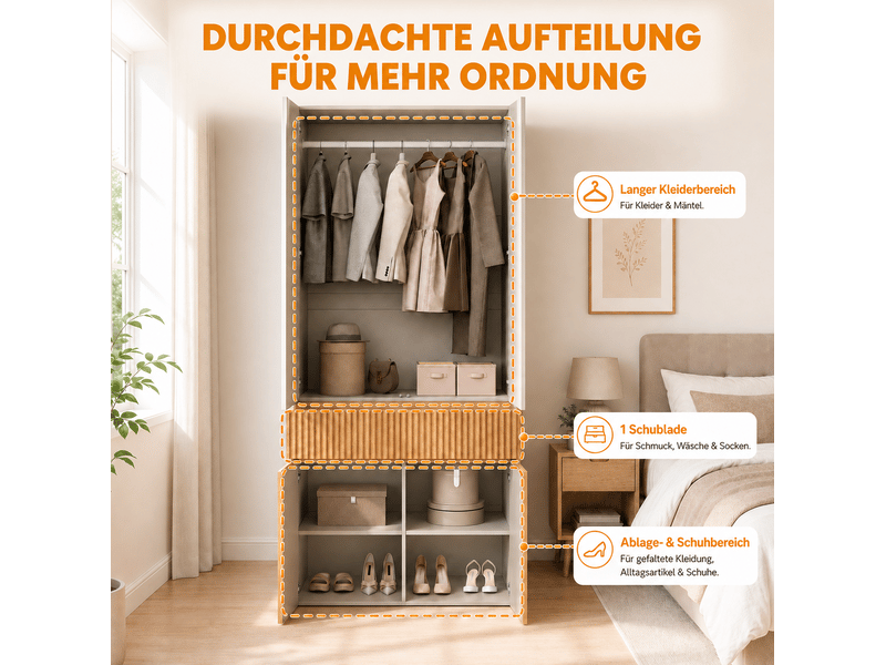  Armoire de rangement avec 4 portes, 1 tiroir et penderie, finition chêne clair et gris, pour chambre, 90 × 50 × 200 cm  - Conforama E