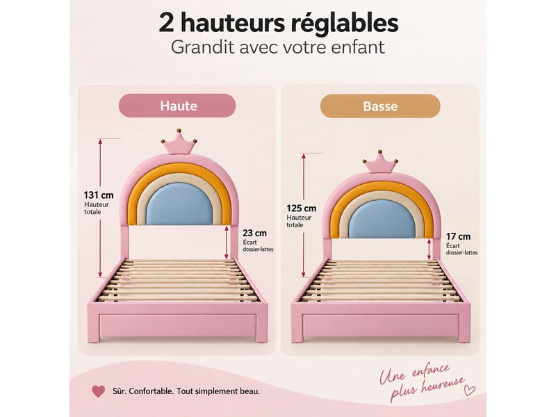 Lit coffre 90x200 cm, lit simple avec rangement, tête de lit rembourrée, evêtement pu rose, sans matelas - Conforama B