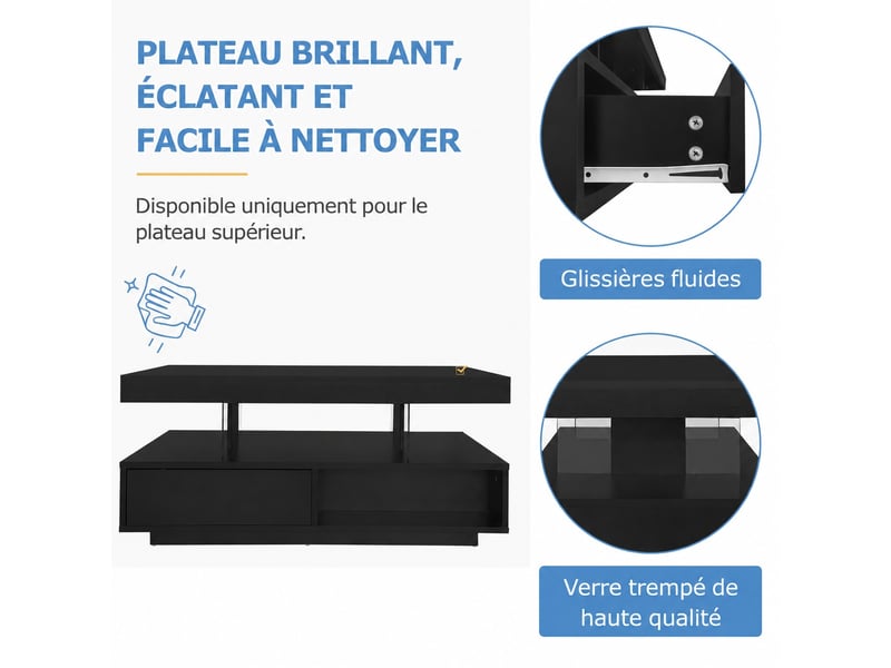  Table basse salon 95x50x42,5 cm avec éclairage led et 2 tiroirs, table de salon élégante avec espace de rangement, noir  - Conforama D