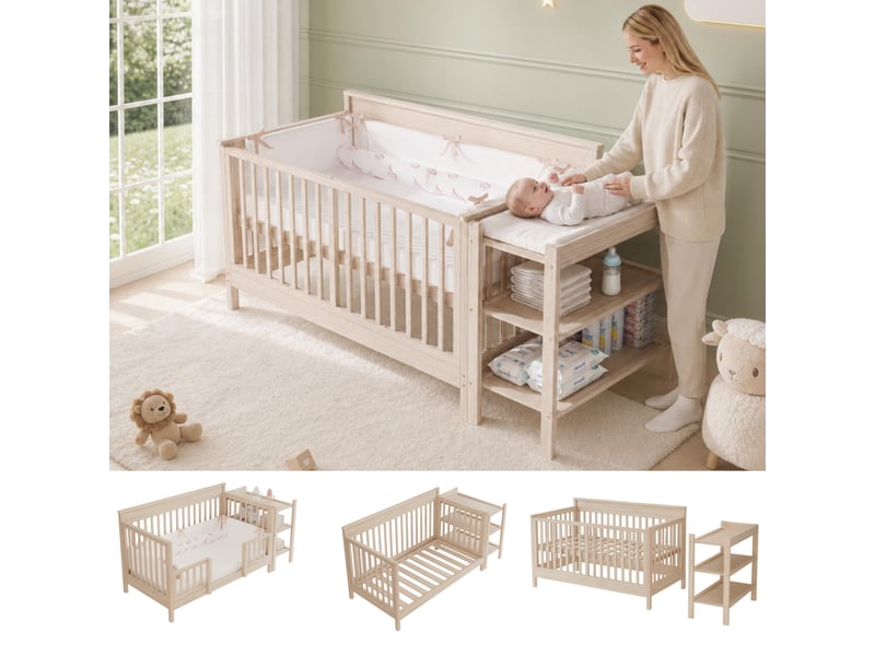 Lit bébé 3 en 1 184,5x74,5cm lit cododo avec table à langer amovible bois de pin massif naturel - Conforama D