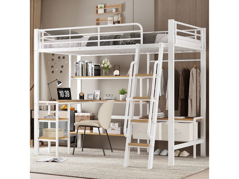  Lit mezzanine 90 × 200 cm avec bureau, étagère et 2 boîtes de rangement, blancnaturel IKSETERA TRADING LTD - Conforama E