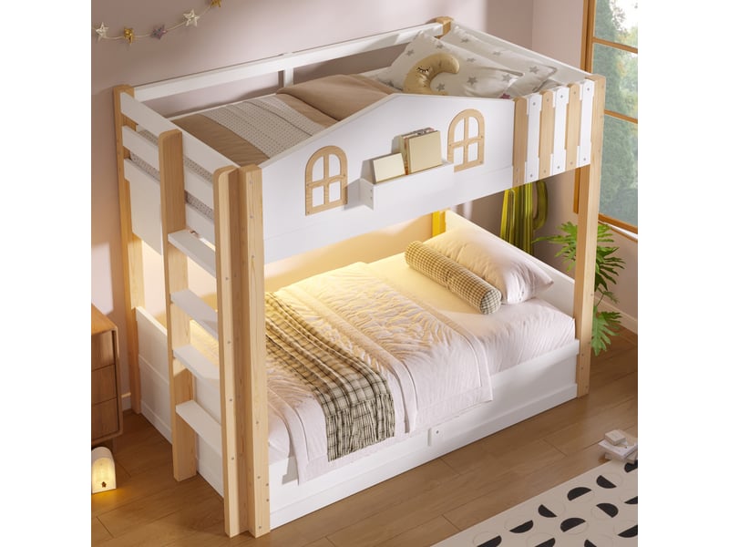  Lit superposé maison 90x200 cm équipé de led, de bois blanc et naturel et de rangement hydraulique, sans matelas  - Conforama D