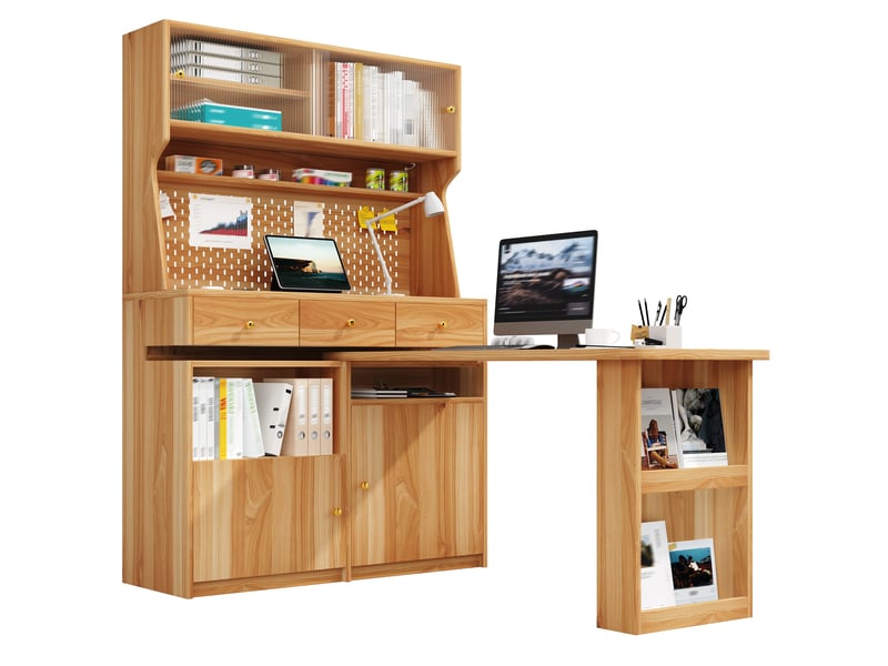 Meuble haut avec bureau intégré muvano, meuble bar multifonction pour salon, éclairage led, bois naturel  - Conforama A