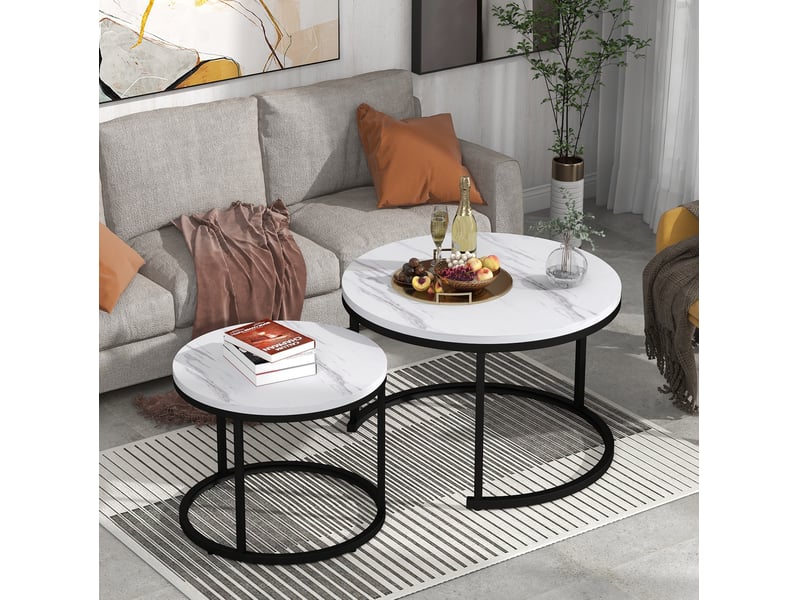  Table basse gigogne ronde avec 2 plateaux, structure métallique, style moderne, pour salon, finition marbre blanc  - Conforama C