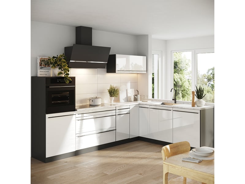  Vicco cuisine en angle, blanc haute brillanceanthracite, 287 x cm plan de travail anthracite  - Conforama C