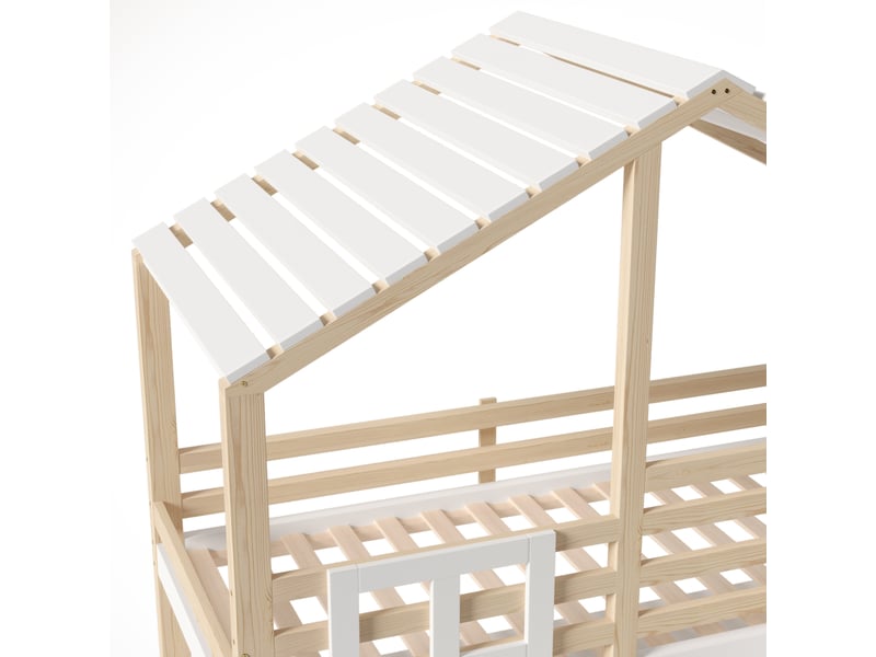 Lit mezzanine enfant 90 x 200 cm avec rangement, cabane avec fenêtre, escalier de rangement, blanc et bois naturel - Conforama R