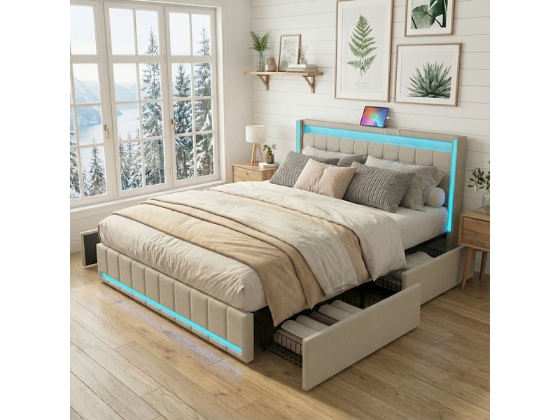  Lit adulte 140x200 avec 4 tiroirs de rangement et led rgb - tête de lit connectée usb &amp; usb-c - tissu beige foncé moderne  - Conforama B