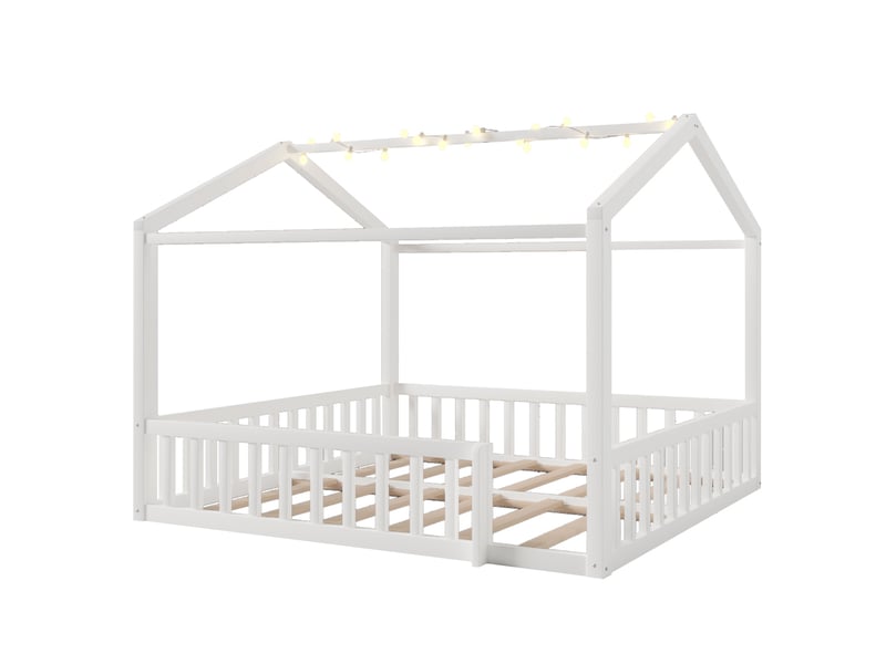  Lit cabane enfant convertible 90x190cm ou 180x190cm, lit montessori séparable en deux lits simples avec barrière de sécurité et guirlande led, blanc  - Conforama A